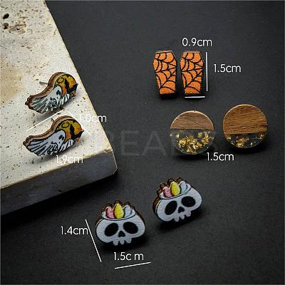 Halloween Tombstone Ghost Skull Wood Stud Earring Sets EJEW-OY002-01-1