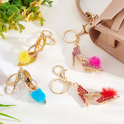4Pcs 4 Colors Fur Ball High Heels Shoes Rhinestones Pendant Keychain KEYC-GA0001-28-1