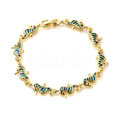 Brass Enamel Turquoise Sea Horse Link Chain Bracelets BJEW-C118-03G-1
