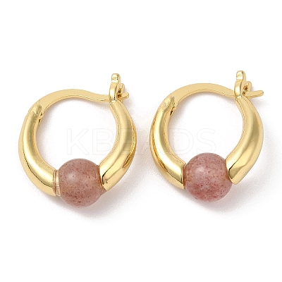 Natural Strawberry Quartz Round Beaded Hoop Earrings EJEW-A099-03G-02-1