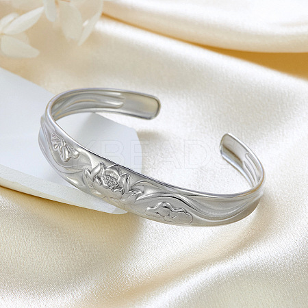12MM 304 Stainless Steel Lotus Flower Cuff Bangles for Women BJEW-P359-01P-1