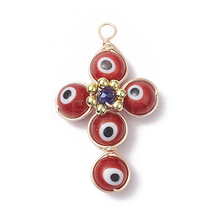 Brass Wire Wrapped Handmade Evil Eye Lampwork Pendants PALLOY-TA00036-04-1