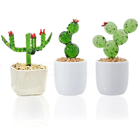 3Pcs 3 Styles Lampwork Cactus Display Decoration DJEW-DC0001-16B-1