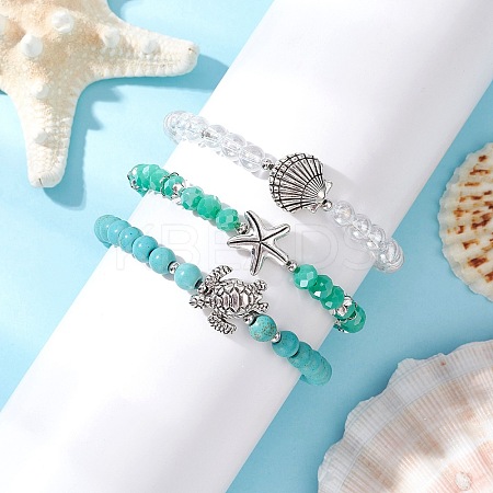 3Pcs 3 Styles Round Glass & Synthetic Turquoise Beads Stretch Bracelets Sets for Women BJEW-JB11654-1