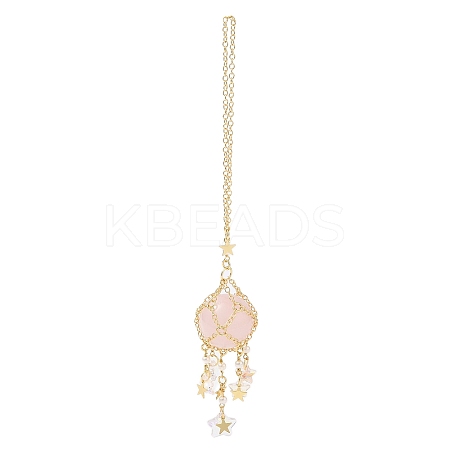 Natural Rose Quartz with Rack Plating Brass Pendants Decorations AJEW-B023-01G-06-1