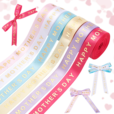 6 Rolls 6 Colors Gold Stamping Happy Mother's Day Polyester Printed Ribbons OCOR-PH0004-40-1