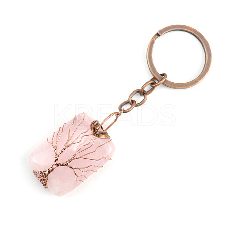 Tree of Life Wire Wrapped Rectangle Natural Rose Quartz Gemstone Pendant Keychain FIND-PW0017-05A-1