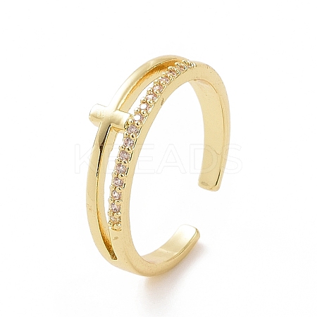 Clear Cubic Zirconia Cross Open Cuff Ring RJEW-G283-08G-1