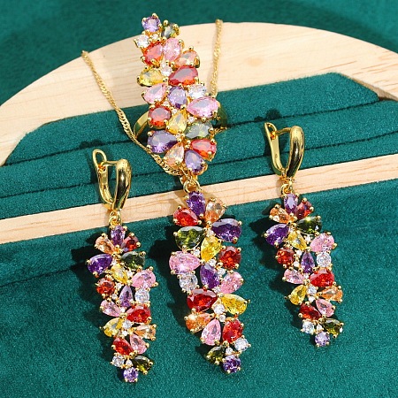 Leaf Brass Cubic Zirconia Pendant Necklaces & Hoop Earrings & Rings Sets FS-WGD46EA-01-1