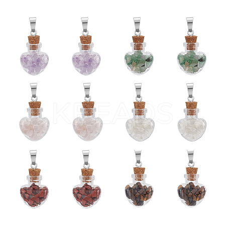 12Pcs 6 Styles Natural Mixed Gemstone Chip Heart Glass Bottle Pendants PALLOY-UN00001-1