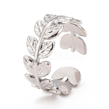 Non-Tarnish 304 Stainless Steel Leaf Wrap Open Cuff Ring for Women RJEW-C025-16P-1