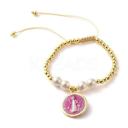 Adjustable Flat Round with Holy Virgin Charms Bracelet LS-BJEW-Z073-01G-04-1