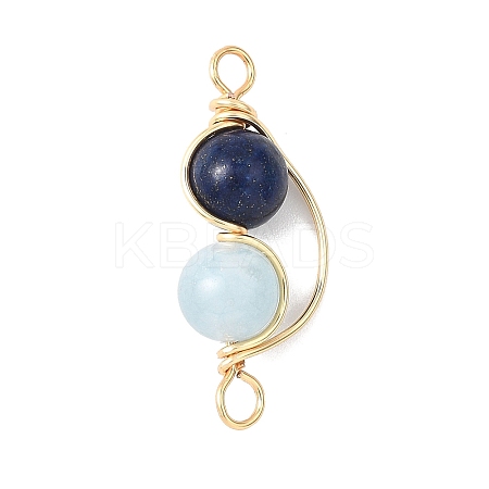 Copper Wire Wrapped Natural Lapis Lazuli & Dyed Blue Quartz Round Beded Links Connector Charms PALLOY-JF04678-02-1