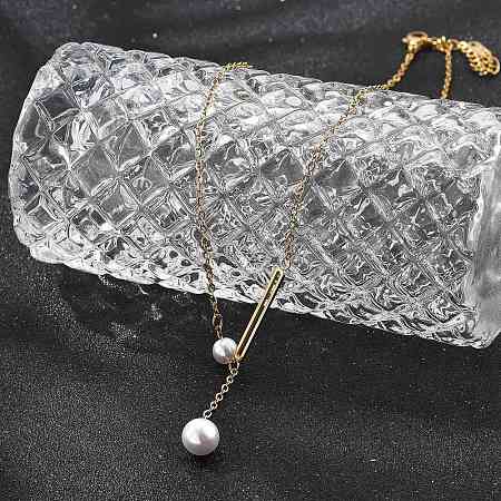Ion Plating(IP) 304 Stainless Steel & White Plastic Pearl Round & Oval Pendant Necklaces for Women NJEW-P320-17G-1