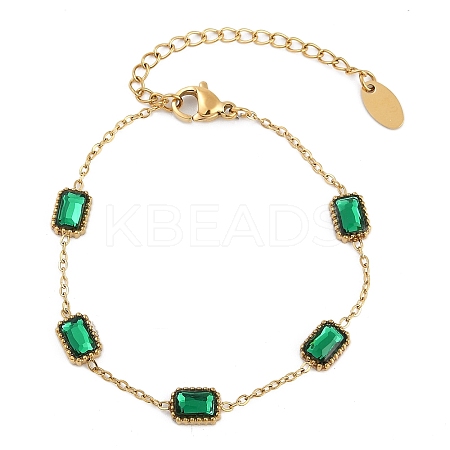 Ion Plating(IP) 304 Stainless Steel Pave Green Glass Rectangle Link Bracelets for Women BJEW-H613-11G-1