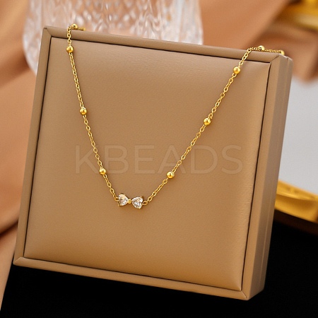 304 Stainless Steel Pave Clear Cubic Zirconia Bowknot Pendant Necklaces for Women NJEW-G179-08G-1