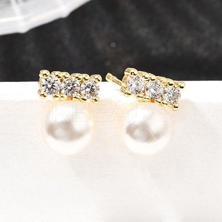 Round Brass Micro Pave Clear Cubic Zirconia Stud Earrings EJEW-A135-30G-1
