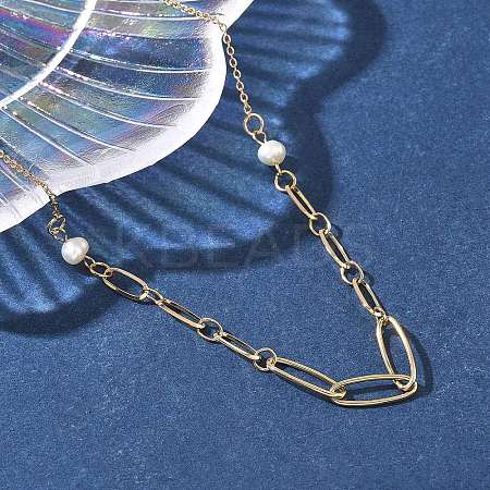 304 Stainless Steel & Glass Pearl Oval Link Chain Necklaces for Women NJEW-A045-04G-1-1