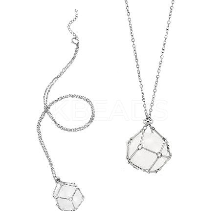 2Pcs Brass Macrame Pouch Natural Quartz Crystal Round Inside Pendant Necklaces NJEW-PH01599-1