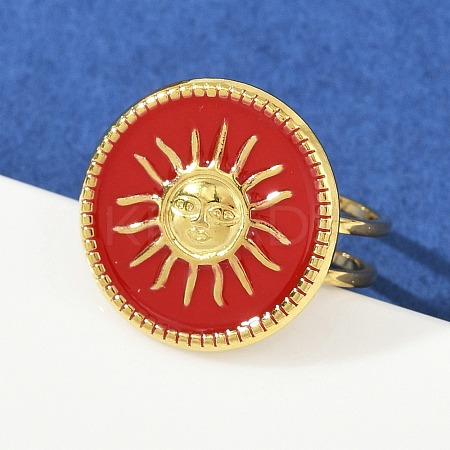 Flat Round with Sun Pattern 304 Stainless Steel Enamel Finger Rings for Women RJEW-G355-05G-02-1