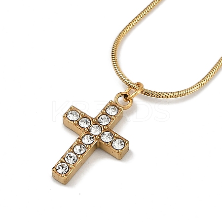 PVD Vacuum Plating 304 Stainless Steel Crystal Rhinestone Cross Pendant Round Snake Chain Necklaces for Women NJEW-Z044-05G-1