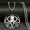 201 Stainless Steel Black Enamel Flat Round with Octopus Pendant Necklaces LS-NJEW-K283-31P-1