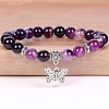 8MM Round Natural Purple Banded Agate(Dyed & Heated) Beaded Stretch Bracelets with Alloy Butterfly Charms FQ7211-1-1
