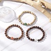 3Pcs Natural African Padauk Wood & Sandalwood & Wood & Striped Agate & Green Aventurine & Quartz Crystal Round Beaded Stretch Bracelets for Women BJEW-JB11929-1