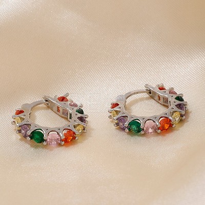 Vintage Colorful Circle Brass Cubic Zirconia Hoop Earrings FK0958-1