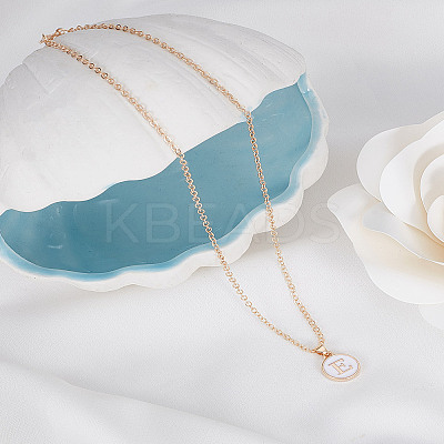 1Pc Zinc Alloy White Enamel Round with Letter Pendant Necklaces NJEW-LP0002-88G-E-1