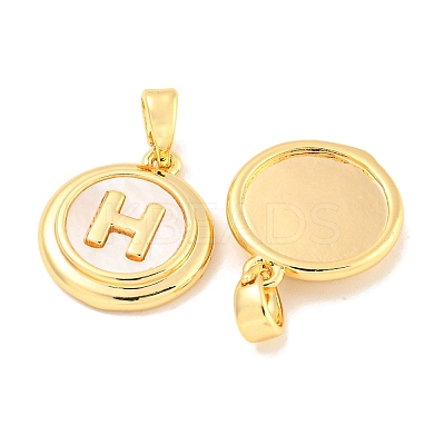 Natural Shell & Brass Flat Round with Letter H Charms with Snap on Bails KK-P275-07G-1