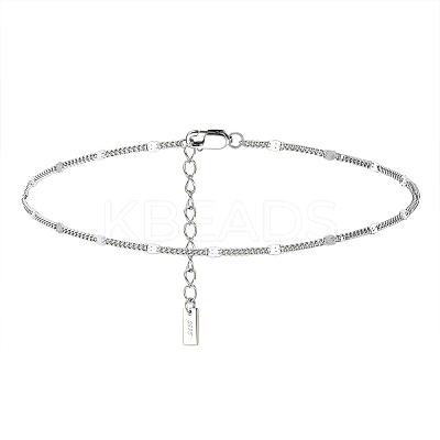Rhodium Plated 925 Sterling Silver Curb Chain Anklet with Rectangle Charm AJEW-F162-001P-1