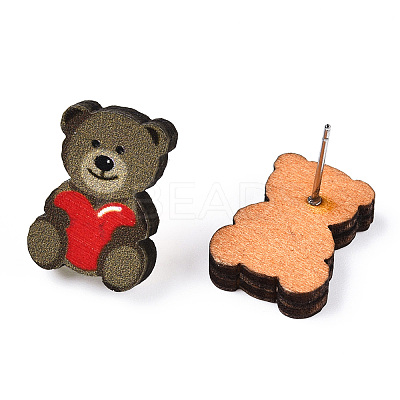 Valentine's Day Theme Printing Wood Stud Earrings for Women EJEW-B029-04-1