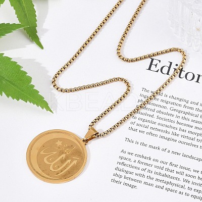 201 Stainless Steel Flat Round with Arabic Pendant Box Chain Necklaces for Women Men NJEW-R013-03G-1