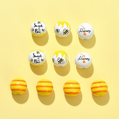 10Pcs 4 Styles Printed Natural Wood European Beads WOOD-FS0001-16-1