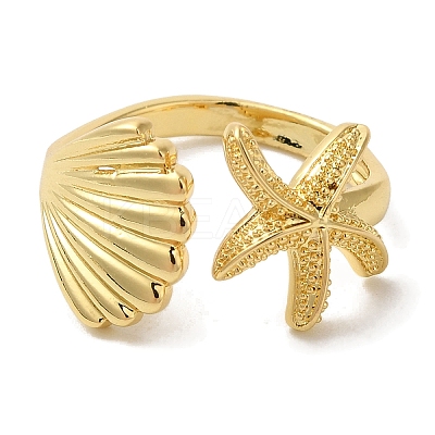 Starfish & Shell Shape Rack Plating Brass Open Cuff Finger Rings for Women RJEW-L123-010G-1