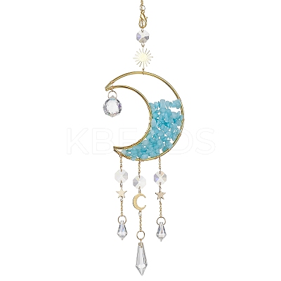 Wire Wrapped Natural White Jade Chip & Brass Moon Pendant Decorations HJEW-JM01504-03-1