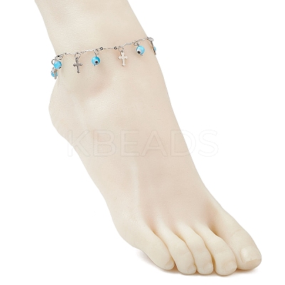 Handmade Evil Eye Lampwork & 304 Stainless Steel Cross Tassel Bar Link Chain Anklets for Women AJEW-AN00741-03-1