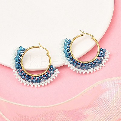304 Stainless Steel & Bohemian Beaded Fan Hoop Earrings for Women EJEW-R001-01G-01-1
