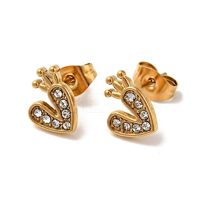 Heart with Crown 304 Stainless Steel Rhinestone Stud Earrings EJEW-A081-16G-1