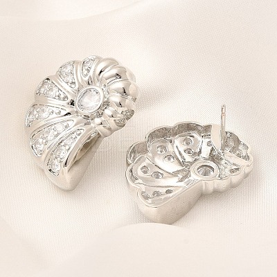 Rack Plating Shell Shape Brass Micro Pave Clear Cubic Zirconia Stud Earrings EJEW-H143-27P-1