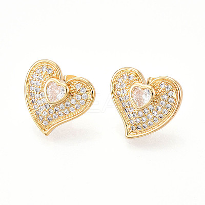 Heart Brass Pave Clear Cubic Zirconia Stud Earrings EJEW-M258-32G-1