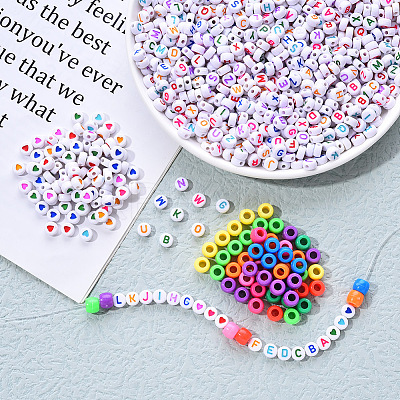 1 Bag 1200Pcs Opaque Acrylic Flat Round with Letter & Heart Beads DIY-YW0002-32-1