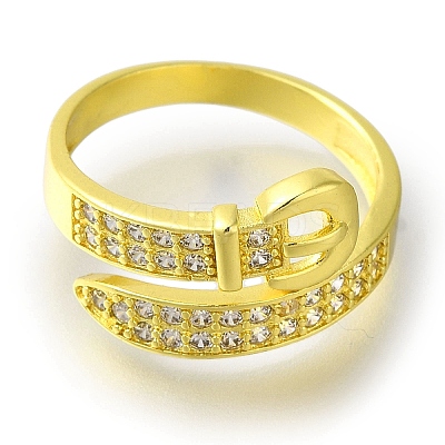 Rack Plating Belt Shape Brass Micro Pave Clear Cubic Zirconia Open Cuff Rings for Women RJEW-H232-02G-1