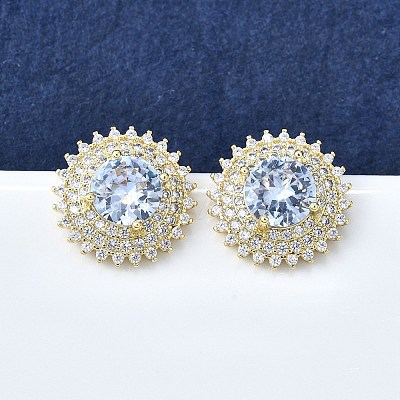 Brass Micro Pave Clear Cubic Zirconia Stud Earrings EJEW-F363-05G-1