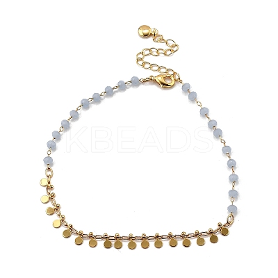 Bohemian Natural Dyed Stone Imitation Aquamarine Faceted Round & Brass Disc Tassel Anklets LS-AJEW-Z046-07G-1