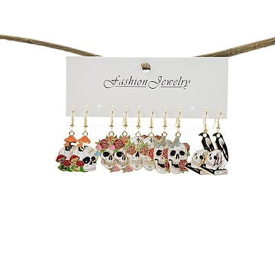 5 Pairs Halloween Skull Alloy Enamel Dangle Earrings FS-WGBF0DA-01-1