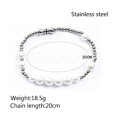 Minimalist Imitation Pearl & 304 Stainless Steel Round Beaded Stretch Bracelets KM8315-2-1
