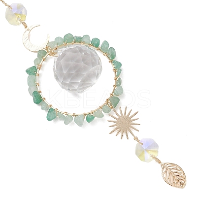 Glass Teardrop with Natural Green Aventurine Chip Bead Hanging Suncatchers HJEW-JM04792-1