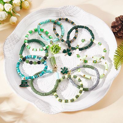11Pcs 11 Style Alloy Enamel Clover & Cloth Flower Tassel Charm Stretch Bracelets Set BJEW-SW00101-1
